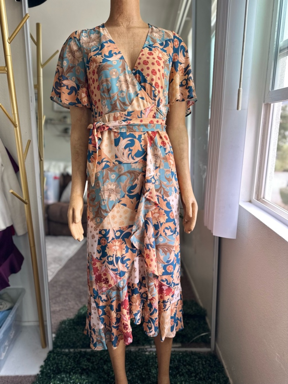 Patchwork Floral Wrap Midi Dress in Peach and Teal